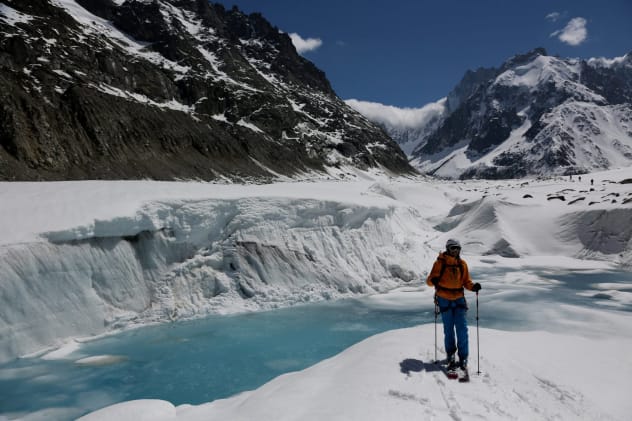 Standing by the glacier on the Vallee Blanche - Photograph courtesy of The Compagnie des Guides de Chamonix