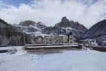 Sign for Corvara ski resort in the Dolomites